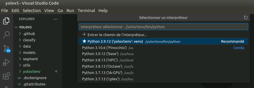 Sélection de l’interpréteur Python